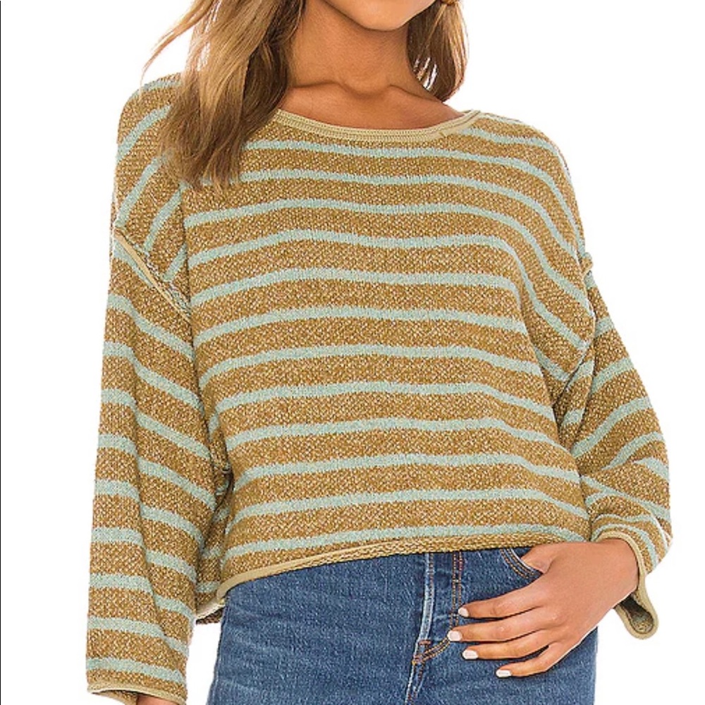 Free People Striped Knit Sweater in Tan and Light Blue